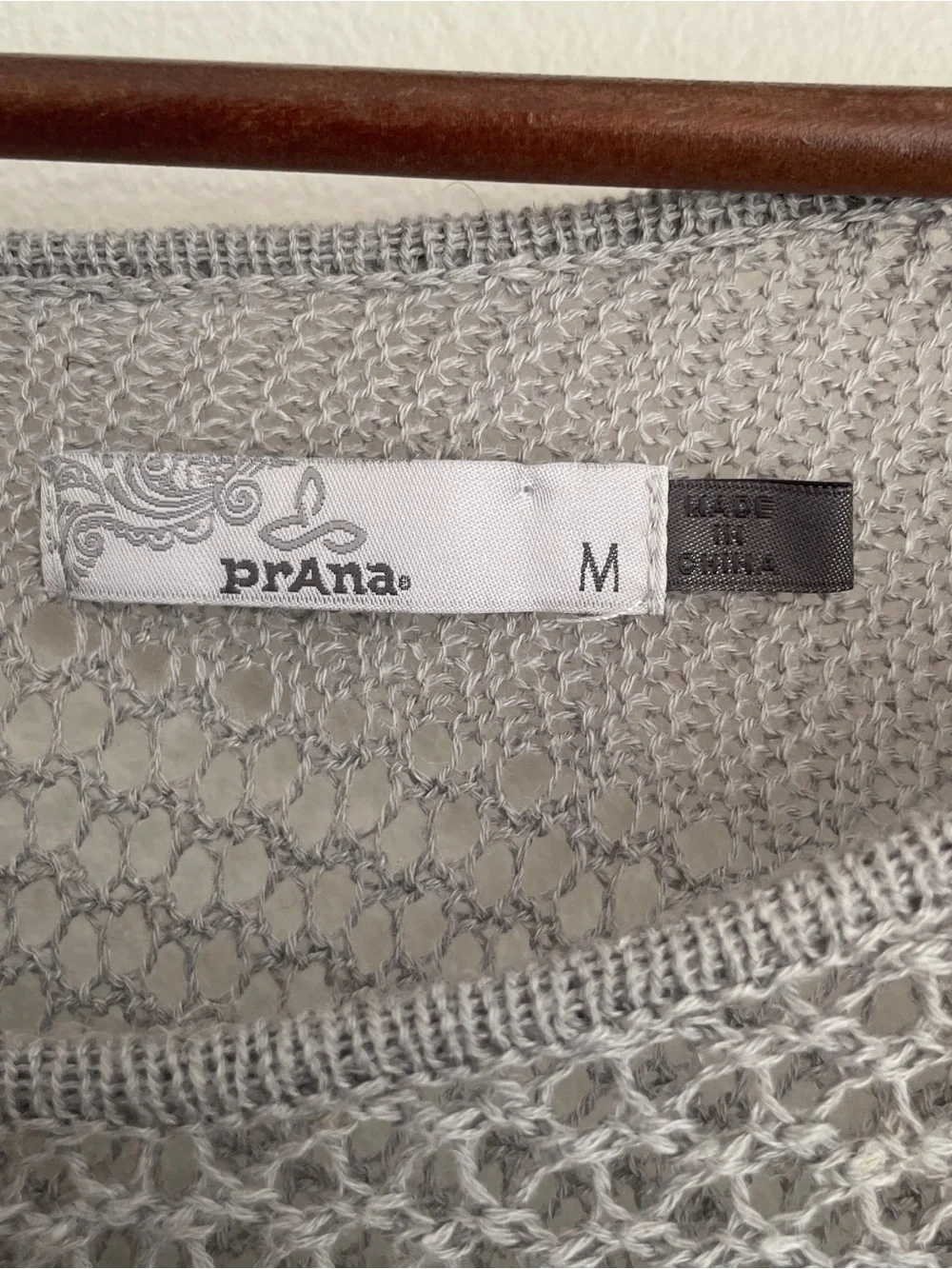 PrAna Sweater Open Knit V-Neck Gray Asymmetric Hem Mesh Panel Granola Gorpcore